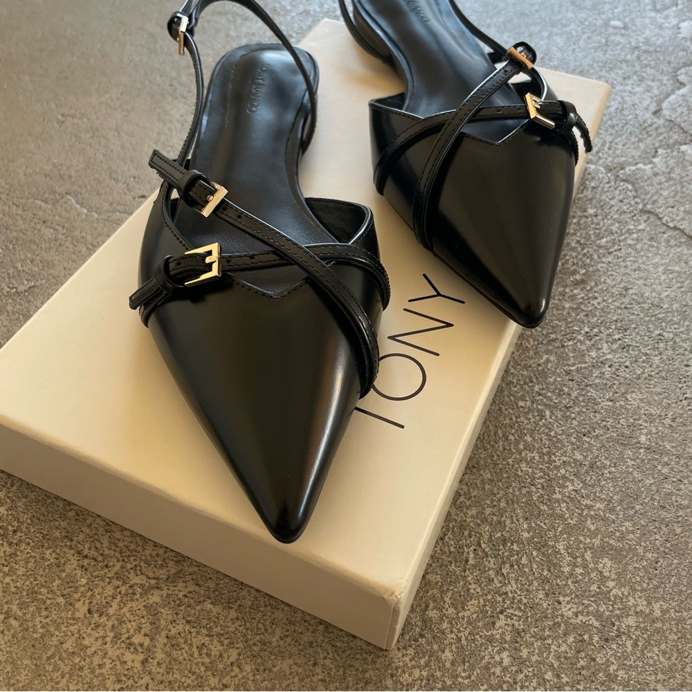 Tony Bianco Black Pointed Slingback Jamo Mule Flats w/ Buckle Straps - Picture 3 of 9